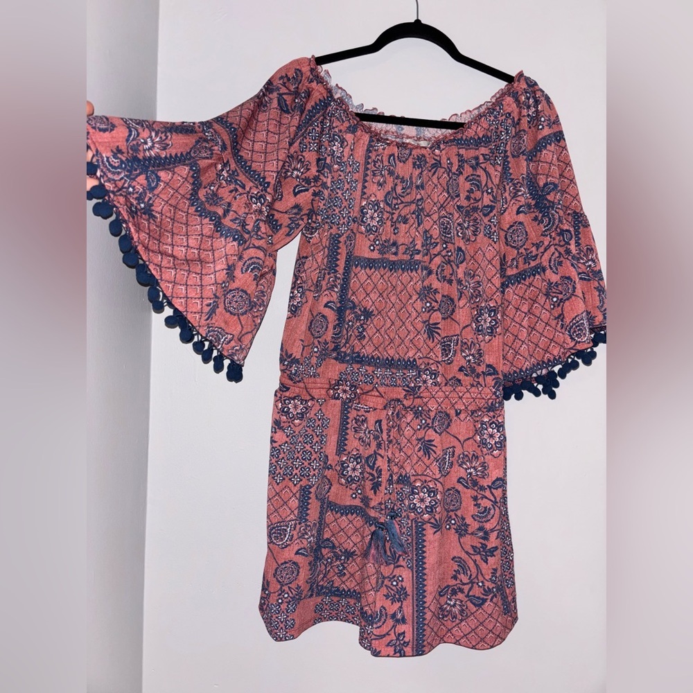 Floral Boho Off-Shoulder Jumpsuit Pompoms